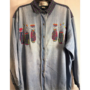 Casey Coleman Vintage Denim Button Down Shirt Embroidered Appliqué Golf Plaid XL